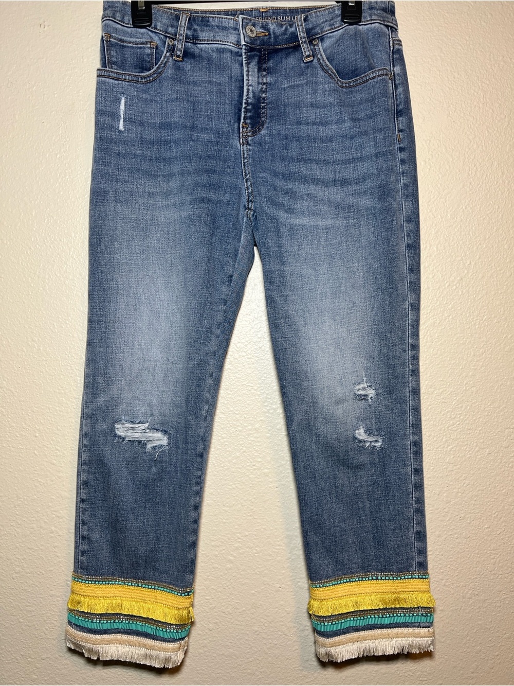 Chico's Jeans Womens Size 4 So Slimming Girlfriend Slim Leg Crop Boho Fringe